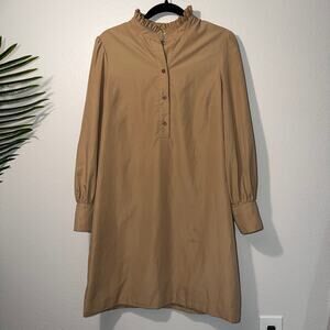 Preston & York Ruffle Neck Button Placket Shift Dress Camel Tan Size 10